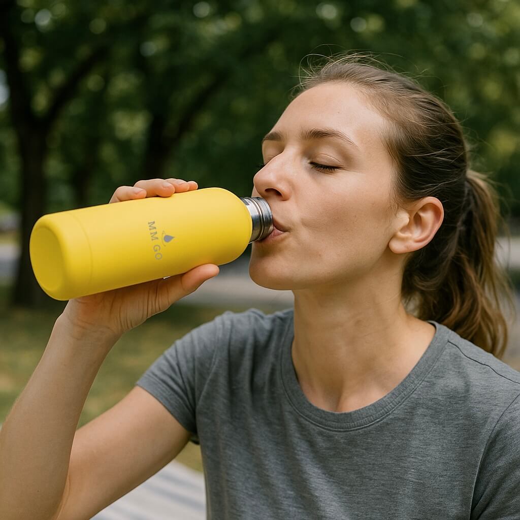 Sárga MM GO kulacs egy parkban futó nő iszik belőle